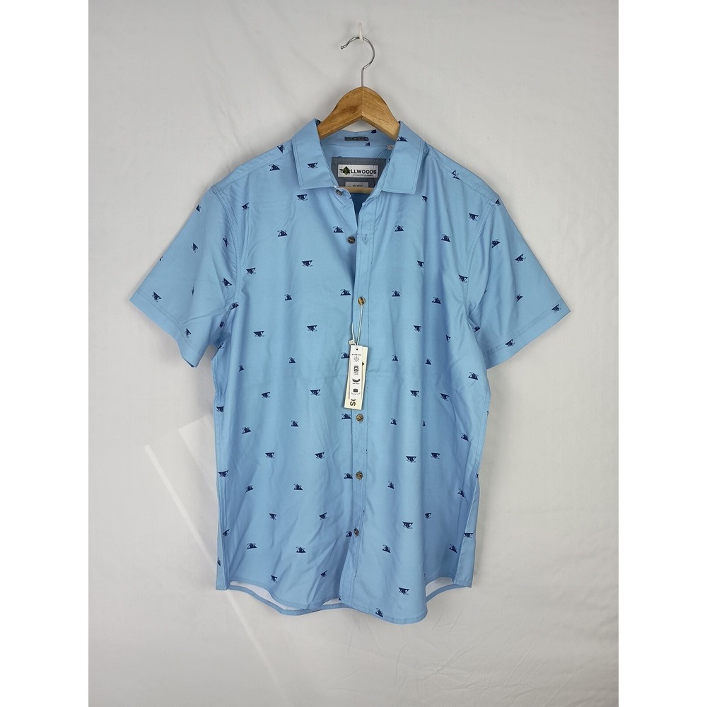 Tallwoods Mens Short Sleeve Size Large Blue Camp Shirt Mountain All Over Print